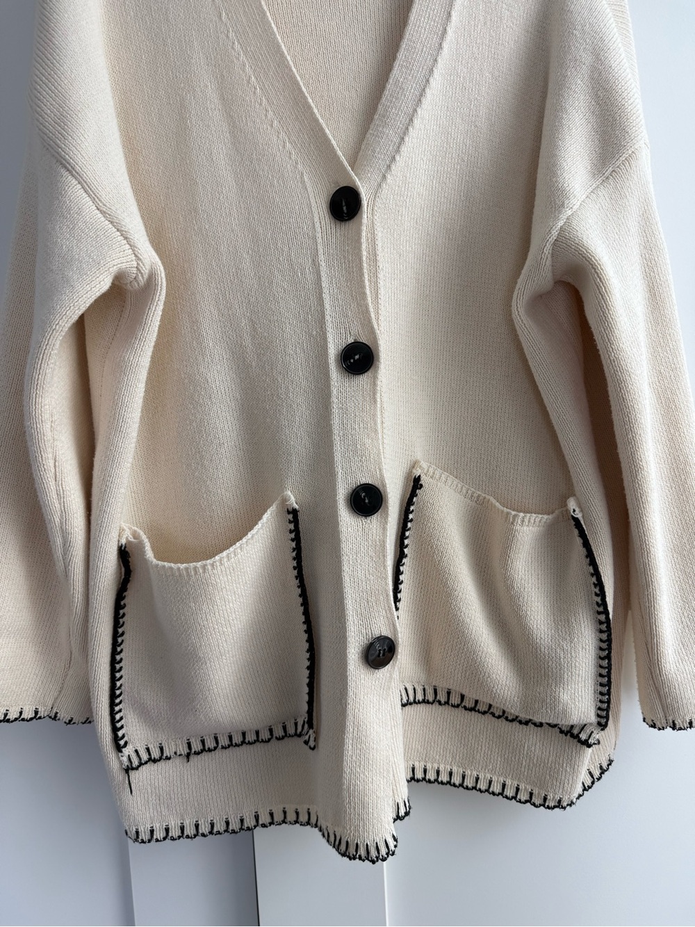 ZARA Cream Button-Front Knit Cardigan with Contrast Trim - Picture 2 of 3